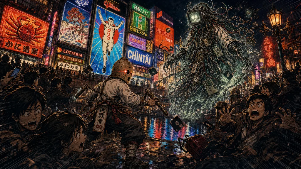 ★【ch09 opener・道頓堀ネオン河畔へ突入】夜の道頓堀、グリコの巨大ランナー看板・かに看板・えびす橋のネオンが極彩色(赤・橙・青・マゼンタ)で爆発し、川面に逆さネオンが鮮烈に反射する雑踏のただ中へ、ハニワが独り踏み込む WS・DOLLY-IN。★ダイナミックなアングル(やや煽りの強パース＋手前へ抜ける構図)で奥行きと疾走感を出す。ネオンの裏側から旧態テック幽霊が滲み出る——【丈高い和製の幽霊(yūrei): 頭部は小さな旧型ブラウン管(CRTモニタ・画面に不気味な緑白のノイズ顔)、体は縺れたケーブル・鎖・フロッピーディスク・カセット・古い基板/ハードウェアを垂らした縦長の襤褸の屍衣、下半身は足がなく無数のケーブルの霧へと溶ける】。★造形は必ず添付の legacy_ghost 設定資料(三面図)に厳密一致＝【球体/オーブにしない・縦長の幽霊形】。ケーブルをくねらせて間合いを詰め、戦闘前夜の緊迫が一気に立ち上がる。★周囲の観光客・通行客が幽霊の出現に驚き怯えて【画面手前で大きく】のけぞり・悲鳴を上げ・転びかけ、荷物やスマホを放り出して四方へ逃げ惑う——逃げ惑う群衆を【前景の主要素】として大きくダイナミックに描く(手前に表情の見える数人＋奥に墨ベタのシルエット群、速度線が放射)。ハニワの眼ソケットの朱が雑踏の闇を貫く。マルチショット：人混みを割って前進→幽霊の出現→身構える。★配色・最重要: 全面のセピア/茶褐色ウォッシュを【完全に排除】し、ネオン電飾の色(赤・橙・黄・緑・青・マゼンタ・シアン)を【純度の高い高彩度の原色】で鮮烈に発色させる——紙の褪色トーンではなく、夜のネオンが照らすクリアでビビッドなフルカラー(style anchor の褪色した sepia 配色は踏襲しない)。墨絵 gekiga(墨ベタ線画＋crosshatch・BASE_PROMPT 準拠)のDNAは線/影のみで保持し、色面は彩度を最大に残す。