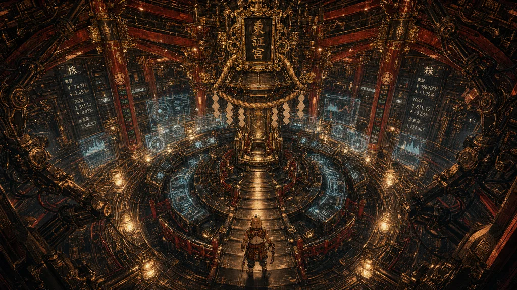 登り切ったハニワが最終扉をくぐった刹那、観音開きの神扉が音もなく割れ、傘状の操縦神殿が開帳される——天蓋の一点から遅いクレーンダウン。放射状に組まれた朱漆の梁が傘の骨のごとく中心へ収束し、その結節に多重ホロ計器が同心の輪で宙吊りに明滅、左右から待機する駆動アームの関節が金箔の鈍い反射を返す。本殿の御神体が座すべき最奥に主操縦席が玉座として鎮座し、放射梁の焦点=消失点がそのまま玉座に刺さる構図。広大な聖域の只中、画面下端に芥子粒ほどのハニワが歩み入る。白金光が梁伝いに滴り、玉座の縁で朱が一点ずつ灯り始める。