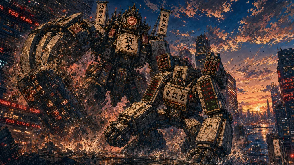 丸の内のビル街で二体のロボットが激突する据えたワイド WS(章の色基準カット)。★狙いはシンプル: 『町中で戦う2体のロボット』が一目で分かる構図。巨大企業メカ(全身)が左腕の買収クローを振るい、ビルを一棟根元から薙ぎ倒す——その勢いで機構式東証宮(全身)が正面から受け、片膝をつきかけて踏みとどまる(石の継ぎ目に反撃の朱が灯り始める)。背景の摩天楼はシルエットで控えめ、倒れるビルが一棟と粉塵。両機の全身が読める引き、敵が一回り高い体格差。カメラは据えて仰角で重く寄るだけ。★機構式東証宮=二足歩行の【人型ロボット】(石ブロック・メカ): 花崗岩の角ブロック装甲・胸に『東証宮』看板・段状の株価ティッカー肩・石柱の脚・両腕に巨大な石の拳。朱と金はアクセントのみ。屋根/千木/鳥居/五重塔/金鯱なし。本殿は密閉=操縦者は描かない。★巨大企業メカ=二足歩行の【人型要塞ロボット】(一回り高い): 漢字プレート装甲・胸に『資本』・左腕に巨大買収クロー・両肩に『効率至上/成長無限』の幟旗・頭頂に円形企業印。羽根/ひし形ロゴなし。★両機とも添付の設計シートと同一デザインを毎カット厳守(形を毎回変えない・再デザイン禁止)。武装はパンチとミサイルのみ・剣/刀は出さない。VIVID full-color painted-cel(c11-s1-3 と同じ高彩度)。樹海/富士/波/五重塔は描かない。
