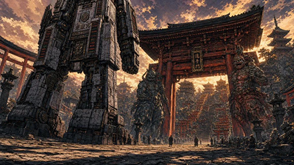 門前の石畳での【対峙】を、迫力ある低い3/4あおりで捉える WS。★前景に大きく置く要素は【機構式東証宮そのもの】であり、金剛力士像は絶対に前景に大きく置かない(前景に像を置くと遠近で巨大に見え 1:6 が崩れる=今回の修正点)。画面手前〜左に、地に立つ機構式東証宮(boxy 花崗岩の石ブロック甲冑メカ・本殿密閉・操縦者不可視)の【巨大な脚部・腰・足元の石ブロック】が低位置から見上げる形でフレーム手前を大きく占め、その巨躯が画面上方へ天を突いて looming し、頭部は遥か上(フレーム外近く)。石畳を挟んだ向こう側、夕陽を背にした colossal な追手門の脚部に、金剛力士・阿吽の二体の守護石像(右=阿形赤錆口開き/左=吽形青錆口閉じ・まだ動かぬ仁王像)が【小さく】鎮座する——二体の像の全高は、手前にそびえる東証宮の脛〜膝の高さにしか届かない小ささ。石畳には人間スケールの小さな人影と石灯籠が点在して定規になる。機構(東証宮の巨体) vs 守護(小さな仁王像)の圧倒的な高さ差が一目で読める対峙——静かな緊張、嵐の前。★【構図でスケール強制】機構式東証宮 ≈50m / 金剛力士 ≈8.4m = 約1:6。金剛力士の全高は東証宮の脛〜膝まで。金剛力士が東証宮と同等・半分以上の高さに見える構図は禁止。★前景の大きな要素は東証宮(の脚/足元)に限る——金剛力士・追手門を前景に大きく置かない。地上の千本鳥居の大階段・石灯籠(約2-3m)・石畳の人影を定規に 1:6 を読ませる。追手門は東証宮に拮抗する colossal な門。★東証宮は門・像へ正対・カメラ目線3/4禁止・石ブロックの質感を描き込む。★金剛力士は二体のみ・剣/刀なし・この cut では動かぬ石像。VIVID full-color painted-cel、墨ベタ線画+朱金、夕刻の橙+朱の千本鳥居。