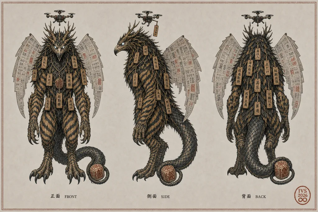 Brain-Drain Nue (Talent-Poaching Chimera) — turnaround (front / side / back)