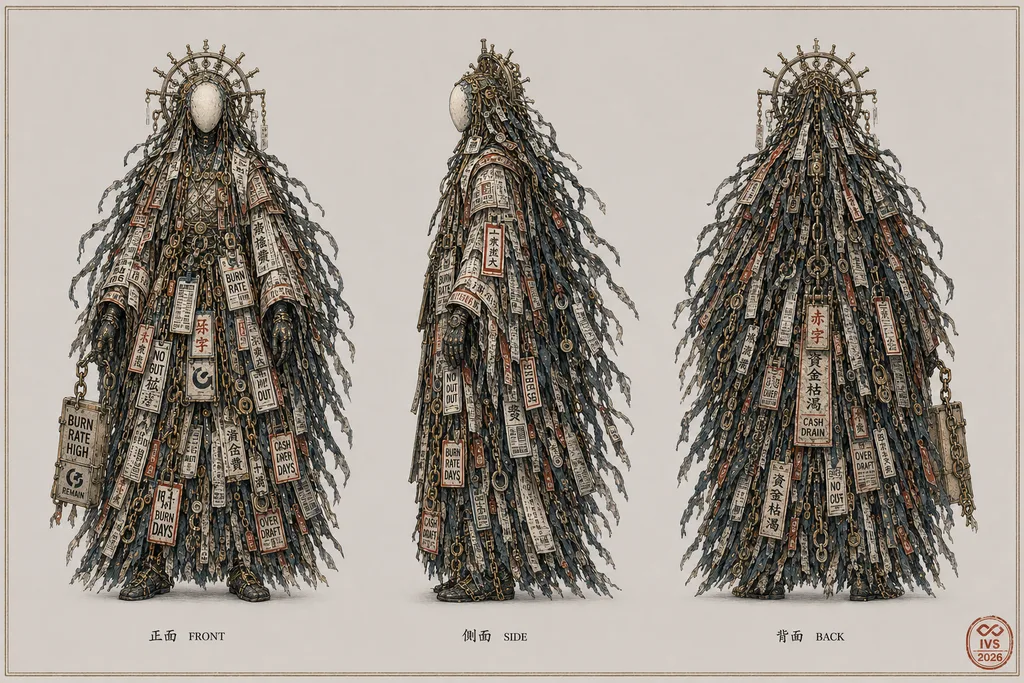 Cash-Drain Deity (Burn-Rate Poverty Spirit) — turnaround (front / side / back)