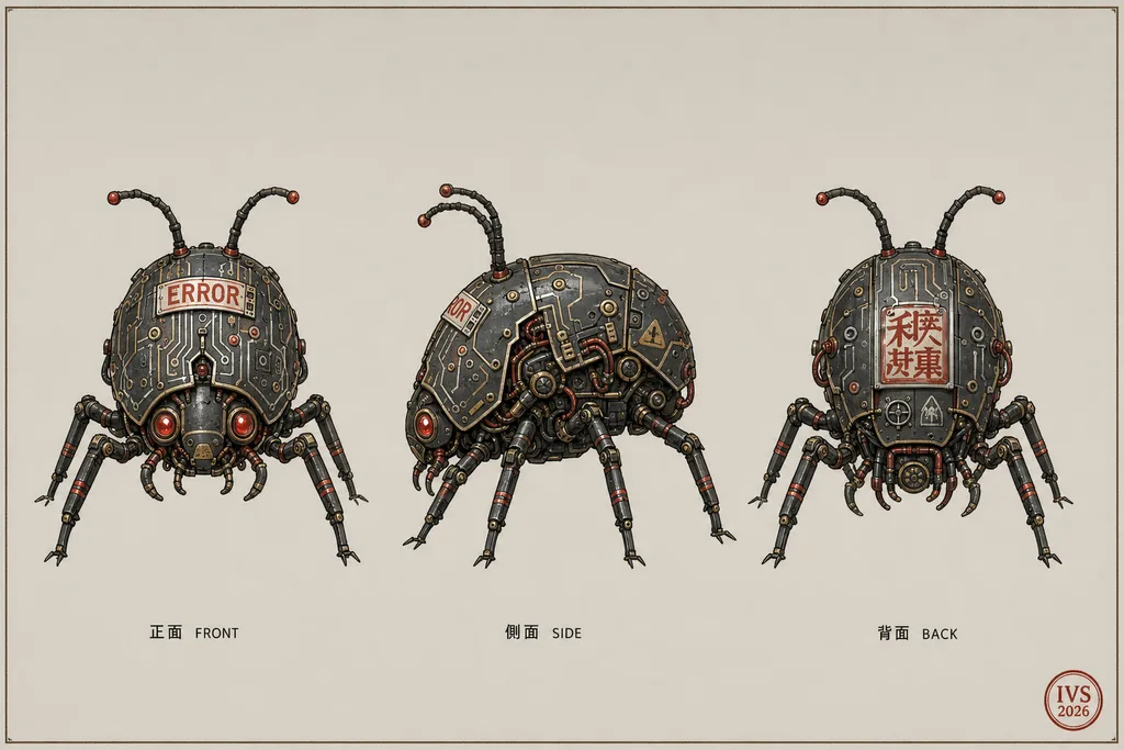 Initial Bug Swarm — turnaround (front / side / back)